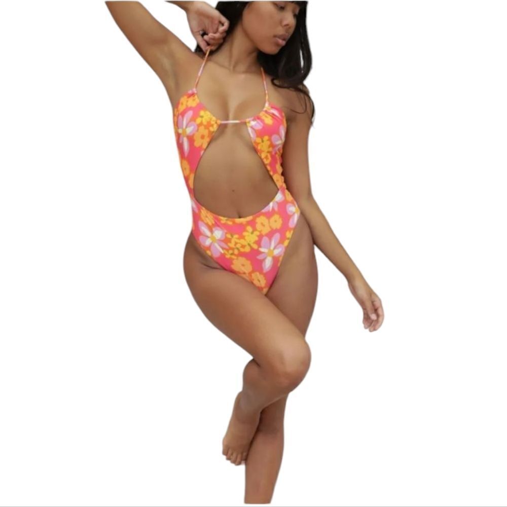 NWT Stone Fox Riva One piece Swimsuit Lei Lei Floral Orange Cutout Size S